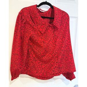 TJW‎ Geometric Print Blouse Red Long Sleeve Button Up Top Size 10